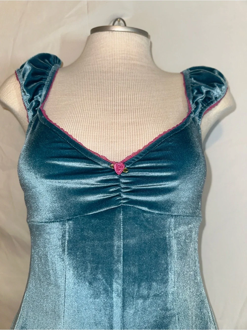 Free People Teal Velvet Mini Dress with Pink Trim